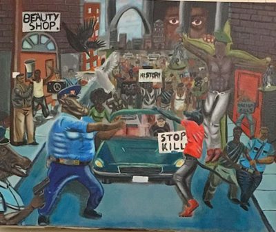 Painting hanging in the MO capitol depicts police as pigs terrorizing poor African-Aemricans.